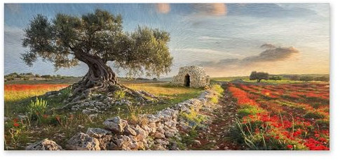 Lupia - Quadro moderno su Tela Canvas DEEP 65X143 cm, con paesaggi e localismi italiani, per casa, soggiorno, capezzale camera da letto, hotel, ufficio, PUGLIA - CAMPAGNA SALENTINA