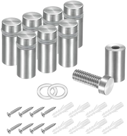 sourcing map 8Pcs Sign Standoff Screws, 15/32 x 1 Stainless Steel Wall Standoff Mount Hardware Advertising Glass Nail for Glass Acrylic Panel Picture Frame, Silver Tone
