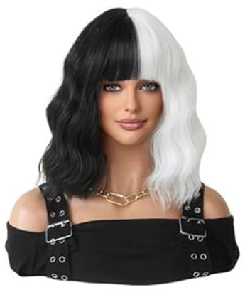 Haarpflege 35 cm/13,7''t Perücken für Frauen Ombre Wellenwelle Bob Perücke mit Pony mittelgroße Länge synthetische Haarwasser Welle Schwarze weiße Perücken natürliche Perücken natürliche