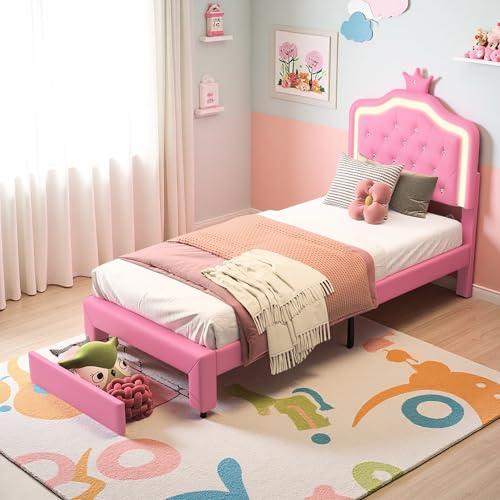 SUNFECILI Kinderbett, Prinzessinnen Bett mit Verstellbarem Kopfteil und Lattenrost, Polsterbett Mädchenbett mit Rückenlehne, PU-Leder Polsterung (90×200cm-i)