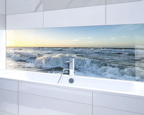 timalo Waschbecken und Badewannenrückwand 160 x 50 cm - aus Acrylglas | Meer, Wellen, Strand, Sonnenuntergang | Wandpaneele Bad Badrückwand Platte Badewanne Rückwand Badezimmer Glasoptik