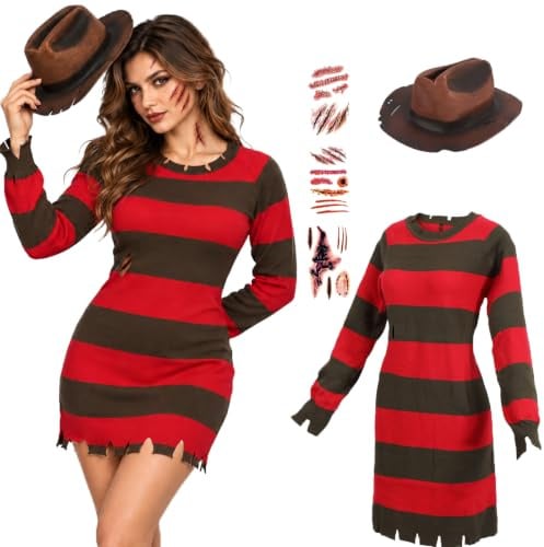 nezababy Freddy-Kostüm für Damen, grün und rot, gestreift, Pullover, Kleid, Hut, Handschuhe, Aufkleber, Horrorfilm, Halloween, Killer, Cosplay