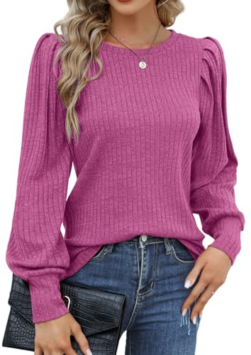 Hotouch Oberteile Damen Herbst Rundhals Puffärmel Pullover Langarm Bluse | Eleganter dünner Pullover, Lässige Tunika Tops