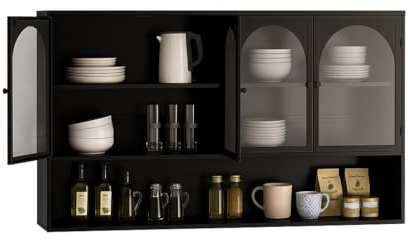 NordicLume Wandschrank mit Glastüren – Metall & Glas, robust & modern, 3-stufige Regale, für Küche, Bad oder Wohnzimmer (Antikweiß) (Schwarz, 120CM)
