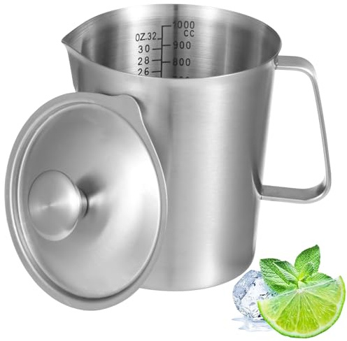 Stainless Steel Pitcher with Lid, 32 oz Measuring Cups with Dual-Scale Markings, Milk Frothing Jugs, Large Beakers for Espresso Machine, Hot/Cold Water, Latte Art, Iced Tea