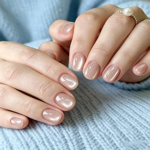 Soft Gel Press on Nails Extra Short Oval, 24 Pcs White Cat Eye False Nails Short Almond, Glitter Glass White Fake Nails Set, Reusable Shiny Bling Stick on Nail for Women
