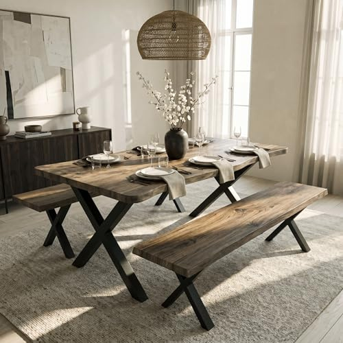 Blisswood Dining Table with 2 Benches for 4-6 Seater, 160cm Industrial Kitchen Table Set for Small Spaces, Metal Cross Leg Frame, Oak Faux Live Edge Top with 3D Wood Finish, Dining Room Furniture