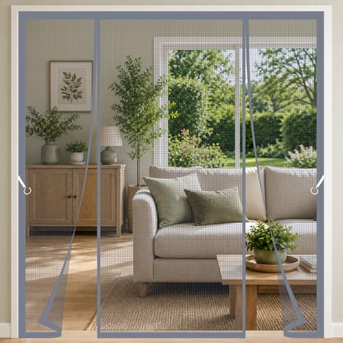 Bifold Door Fly Screen Grey 210x220cm Three Panel Fly Screen Curtain for Large Doors with Central Walk Through Entry and Quiet Closing for Conservatory Doors Family Patio Route