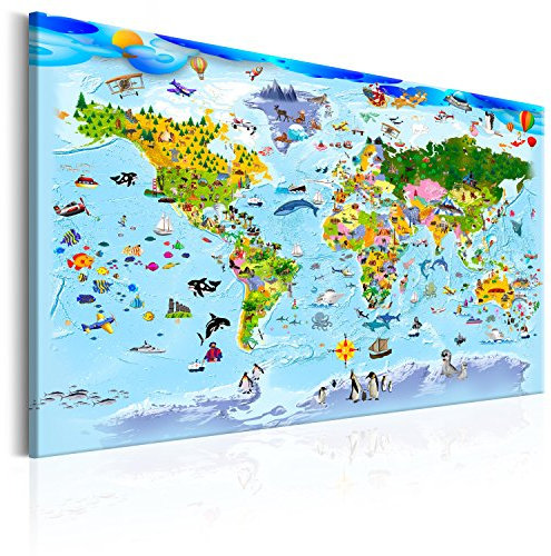 B&D XXL - Wandbilder XXL Weltkarte für Kinder 90x60 cm 1 tlg - Wand Deko Vlies Leinwand Bilder Groß Wanddeko Wohnzimmer Schlafzimmer Kunstdrucke - Weltkarte blau Tiere e-A-0101-b-a