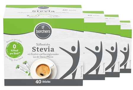 4x borchers Stevia Süßesticks mit Erythrit | Süßungsmittel | Ohne Kalorien | Tafelsüße | 4x 40 Stück