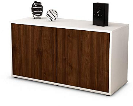 Stil.Zeit TV Schrank Lowboard Ada, Korpus Weiss matt, Front Holz Design Walnuss (92x49x35cm), Push to Open Technik