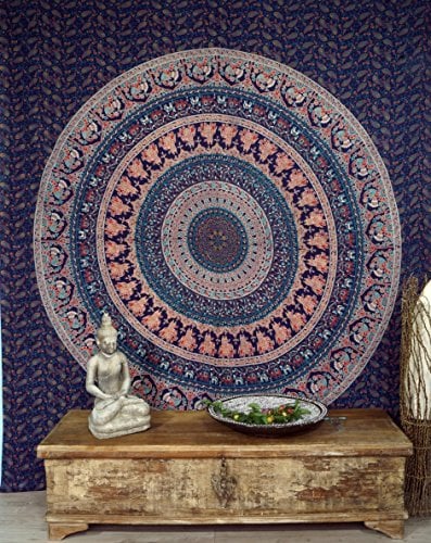 GURU SHOP Boho-Style Wandbehang, Indische Tagesdecke Mandala Druck- Blau/weiß/orange, Baumwolle, 230x210x0 cm