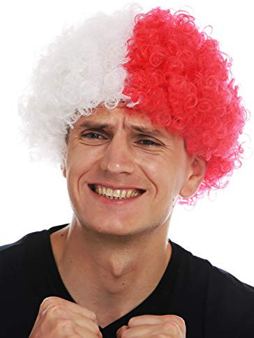 WIG ME UP - MMAM-15M Perücke Karneval Afro Fan-Perücke Fußball Weiß Rot Hälften geteilt