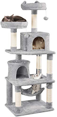 Yaheetech 158cm Multi-level Cat Tree Tower Large Kitten Scratching Posts with Condos/Perches/Hammock Broad-space Kitten Activity Centre, Light Grey