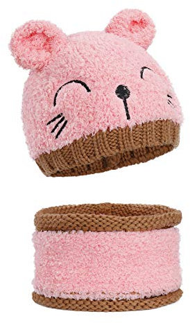 MengH-SHOP Baby Mütze und Schal Set Kinder Wintermütze Kleinkind Winter Warme Strickmütze mit Kreis Schleife Schal Beanie Schlupfmütze für 1-3 Jahre Jungen Mädchen (Rosa)