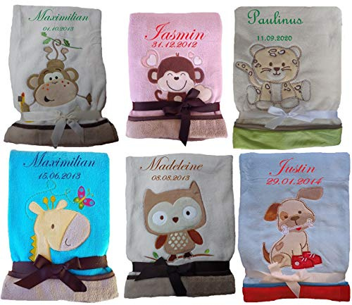 Babydecke Motiv Eule, Hund, Affe, Giraffe, Leopard mit Namen bestickt Geschenk Baby Taufe Geburt (türkis Giraffe)