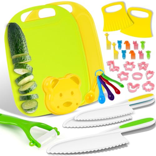 33 PCS Kids Knife Set for Chopping & Montessori Toddler Kitchen Set - Real Safe Cooking Tools for Ages 3-10, Includes Peeler, Cutting Boards, Shape Molds & More Kitchen Utensils