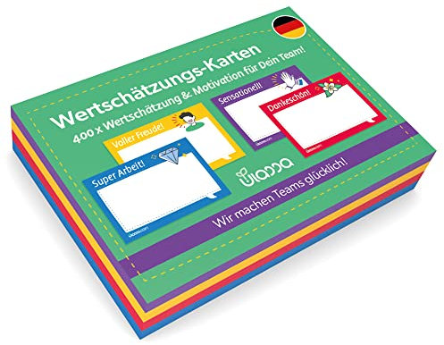 Ulassa Kudos Karten - 400 Kudo Cards 100x70 mm - DEUTSCHE Version - Wertschätzungs-Kartenset - Karten um Wertschätzung, Lob und Motivation im Team zu steigern - Dankeskarten, Lobkarten