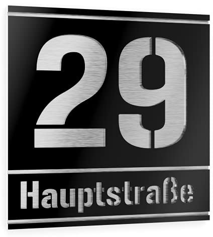 Graviers Design Numero civico personalizzabile in vetro acrilico + acciaio inox V2A 380 x 380 mm Nero, Resistente alle intemperie, Antiruggine, Targa per porta d’ingresso, Made in Germany