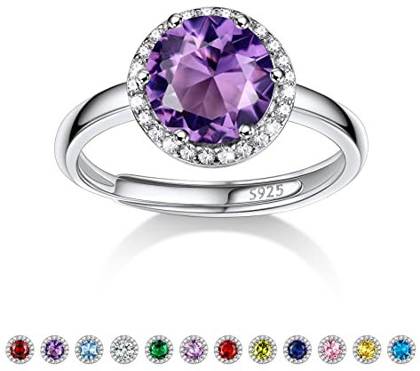Bestyle Ring mit Lila Stein Damen Glänzender Runder Zirkonia Fingerring Silber 925 Verstellbarer Verlobungsring Amethyst Februar Mondstein Modeschmuck