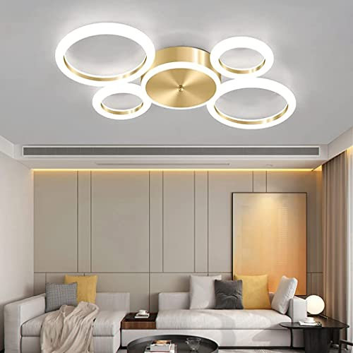 Modern LED Wohnzimmer Deckenleuchte Schlafzimmerlampe Runde Acryl Dimmbare Deckenlampe Mit Fernbedienungs Beleuchtung Schmiedeeiserne Golddekorlampe Für Esszimmer Café Wohnzimmer Deckenlicht,5 rings…