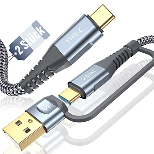 60W USB C Kabel [2 Stück 2M],Type C Kabel 2 in 1 PD Super Schnellladekabel Multi USB A/USB C auf USB C Kabel Nylon Ladekabel für Laptop Tablet i Phone 15 16 Pro Max,Samsung S24 S23 zu S8 Huawei Switch