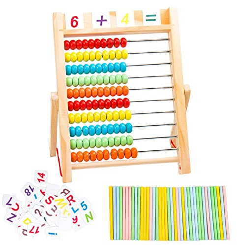 Rosixehird 10 Pcs Holzrechenbrett für Kinder Mathe | 10-reihiger Holzrahmen-Abakus mit mehrfarbigen Perlen, Zählstäben, Zahlen-Alphabet-Karten - Lehren Sie Zählen, Addition und Subtraktion