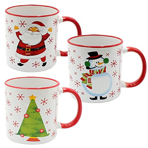Dekohelden24 Juego de 3 tazas de cerámica para Navidad, altura: 9,5 cm de diámetro, 8 cm de capacidad, 300 ml, color blanco