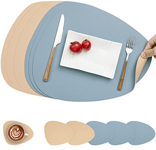 Myir JUN Set de Table en Cuir et Dessous de Verre, Set de Table Antidérapant Double Face Set de TableLavable Imperméables Set Table et Dessous de Verre Set De Table Plastique (Beige Bleu, Lot de 6)