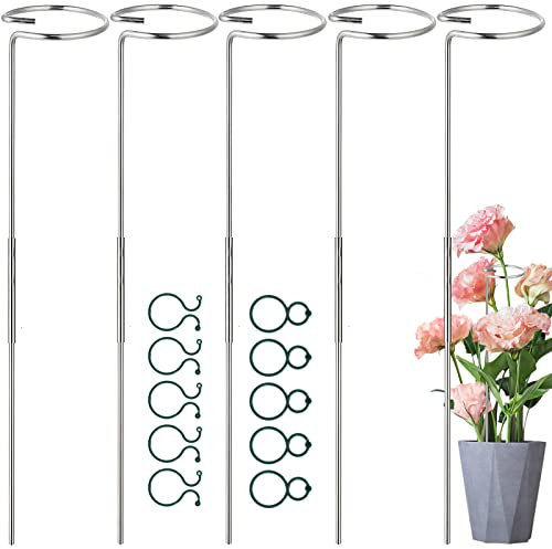 Aceshop 5 Stücke 75.5cm Pflanzenstütze Staudenhalter Strauchstütze Stahl Garden Single Stem Stützring Einstellbar Pflanzenstützen mit 10 Stück Pflanzenclips Pflanzenstab für Pflanzen Blumen Gemüse