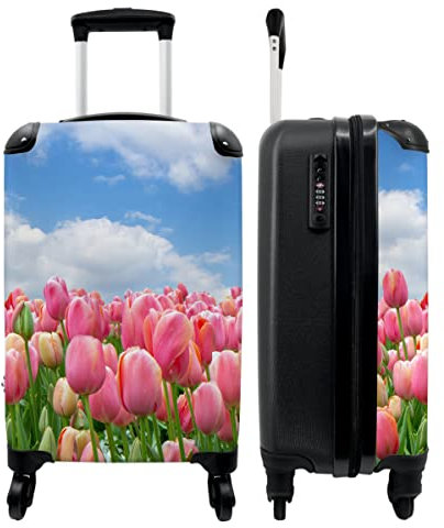 NoBoringSuitcases.com® Koffer Handgepäck - Kabinentrolley, Leichtgewicht, 4 Rollen, Rosa Tulpenmotiv, Zahlenschloss, UV-beständig, 55cm-35cm-20cm