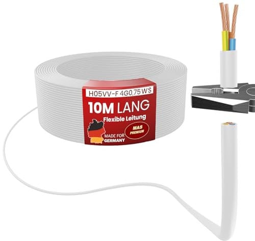 MAS Premium Von 5 bis 100m Kunststoffschlauchleitung H05VV-F 2, 3 oder 5 x0,75; x1; x1,5 oder x2,5 und 4G0,75 Flexible Leitung Kabel Leitung Gerätekabel (H05VV-F 4G0,75 WS, 10m)