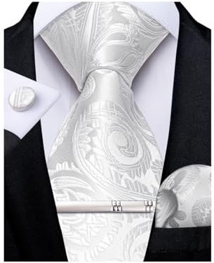 DiBanGu Formelle Herren Weiß Paisley Krawatte und Einstecktuch Manschettenknöpfe Krawattenklammer für Smoking Hochzeit Party