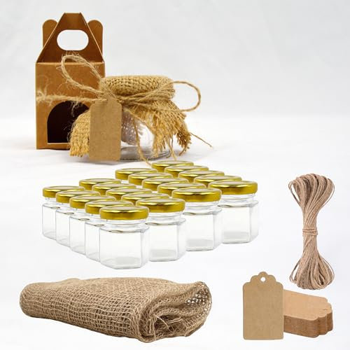 20x Petit Pot de Miel Hexagonal avec Couvercle 45ml + 20x Boîte Kraft pour 1 Pot + 20x Bande de Tissu de Jute + 20x Étiquette en Carton Kraft + Ficelle de Jute - Idéal pour la Conservation de Miel