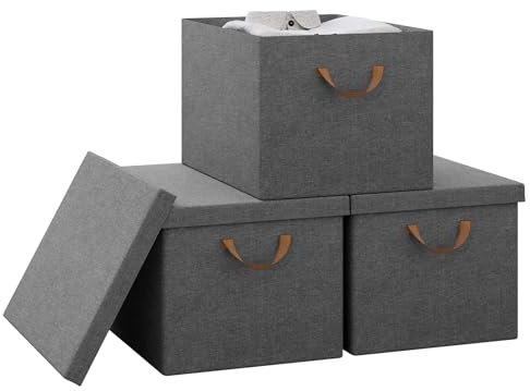 WOLTU Aufbewahrungsbox mit Deckel groß, Aufbewahrungskorb faltbar, Stoffbox grau, Aufbewahrungstasche für Kleidung Bettdecke, Spielzeugkiste, Klappbox 3-Stück, 48x30x36 cm