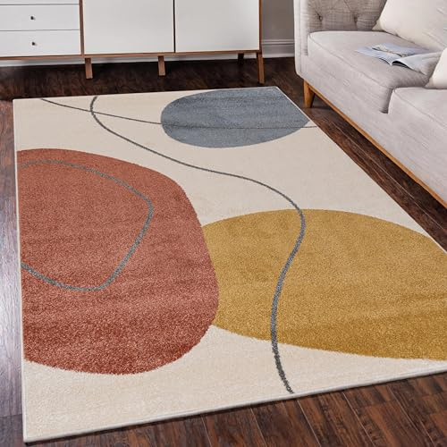 Mazovia Teppich Wohnzimmer 80x150cm Creme Geometrisch Weich Pflegeleicht | Teppich für Schlafzimmer Büro Esszimmer Beige Maschinengewebt Allergikerfreundlich Fußbodenheizungsgeeignet Mittelflor Modern