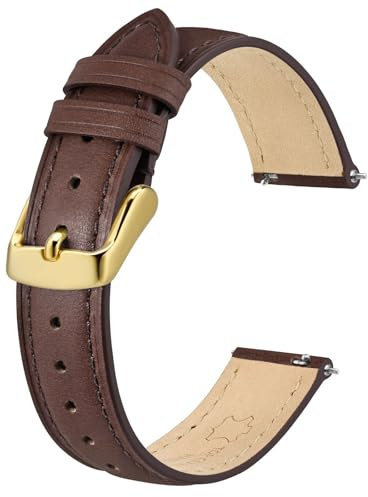 BISONSTRAP Elegante Leder Uhrenarmband, Schnellverschluss, Uhrenarmbänder für Damen und Herren, Kompatibel mit Uhrenanstößen von 12mm, Dunkelbraun (Goldene Schnalle)