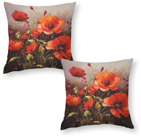 NTVOWPZO Quadratische Kissenbezüge, Ölgemälde, rote Blume, weiche Kissenbezüge, modernes Bauernhaus, Heimdekoration, Sofakissen für Couch, Bett, Wohnzimmer, 2 Stück