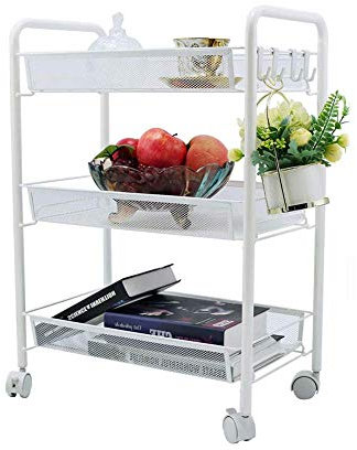 EVXOIJMS Rollwagen aus Metallgeflecht, weiß, 3-stufiger Mehrzweckwagen, weiß