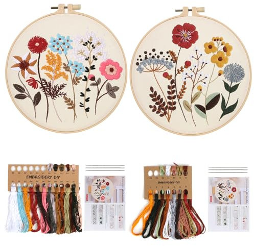 2 Sets Sticken set Erwachsene, Embroidery Kit Blumenstickset Stickset für Anfänger DIY Kunstprojekt Bastelset mit Stickrahmen Anleitung Sticknadel Stickgarn Kreuzstich Set(Muster A+B)