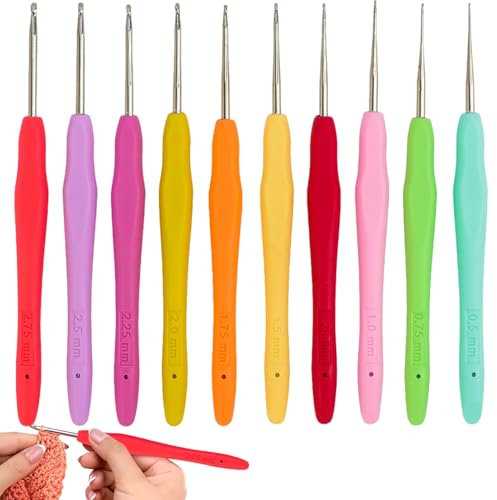 Caldamn Häkelnadel-Set: 10 Stück Ultrafeine Häkelnadeln 0.5-2.7mm mit Weichem Griff, Ideal für Spitze und Dünnes Garn, Multicolored, Kunststoff