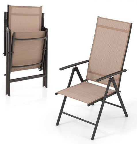 COSTWAY Gartenstuhl Hochlehner, Klappstuhl mit 7-Fach Verstellbarer Rückenlehne, klappbarer Balkonstuhl bis 180 kg belastbar, Terrassenstuhl für Garten, Terrasse, Balkon (Braun)