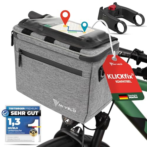 MIVELO Lenkertasche Fahrrad - Fahrradtasche Lenker - wasserabweisend & geräumig - Lenkertasche - Tasche Lenker - E-Bike tauglich - mit Handyfach (Grau, mit Adapter)