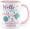 Häkeln Tasse mit Spruch - Wolle rettet nicht die Welt, aber manchmal den ganzen Tag - Kaffeetasse aus Keramik 330ml - Stricken Strickliebhaber Häkelbegeisterte Kaffee-Becher