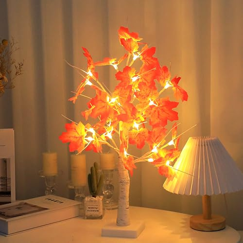KBIBCK Ahornblatt Baum Lichter mit 24 LED, LED Baum Herbst, Schreibtisch Ahorn-Blätter Baumlicht, USB oder Batteriebetrieben Herbst Innen Deko Lichter für Wohnzimmer, Tisch, Halloween, Weihnachten
