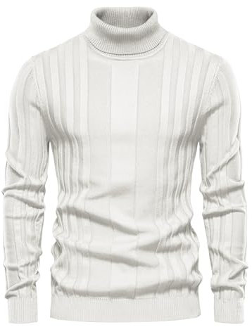 Rayson Jersey de Punto de Cuello Alto para Hombre Ocio Esbelto Cálido Manga Larga Elástico Pullover de Rayas(Blanco,L)