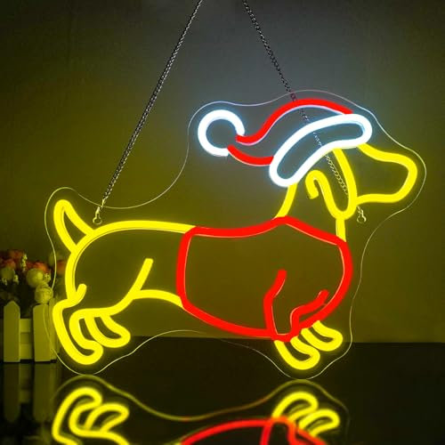Looklight Christmas Neon Sign, Dachshund Neon Signs, Cute Dachshund with Christmas Hat, Led Light Signs Dimmable Dog LED Sign for Bedroom, Kid’s Room, Home, Party, Pet Shop, 16.3 × 12.5 in