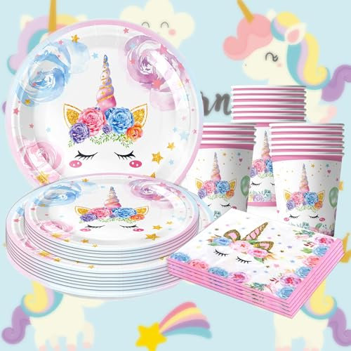 Ensemble de vaisselle de fête licorne - Décoration d'anniversaire - Avec assiettes, gobelets, serviettes pour fête d'anniversaire d'enfant - Accessoires de fête - Ensemble de décoration pour garçon et