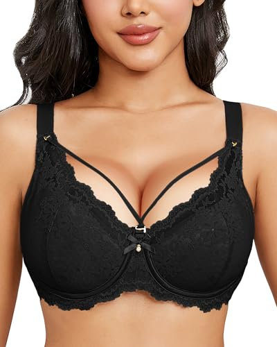 Svmer Women Sexy Lace Bras Plus Size Push Up Ladies Full Cup Comfort Bra All Black 34DD