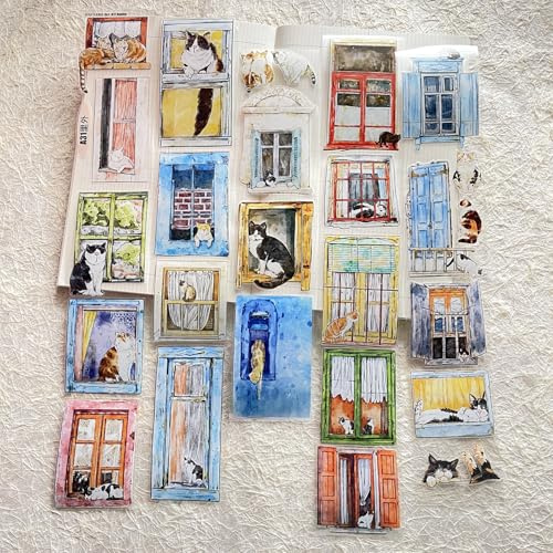 Seahorse Forest Vol5 A31 Inside and Outside,Cute Cat and Doors&Windows Scenery,Pre-Cut Clear PET Tape Stickers,Original Design,for Scrapbook Supplies,Scrapbook Tape Stickers,Junk Journal Supplies
